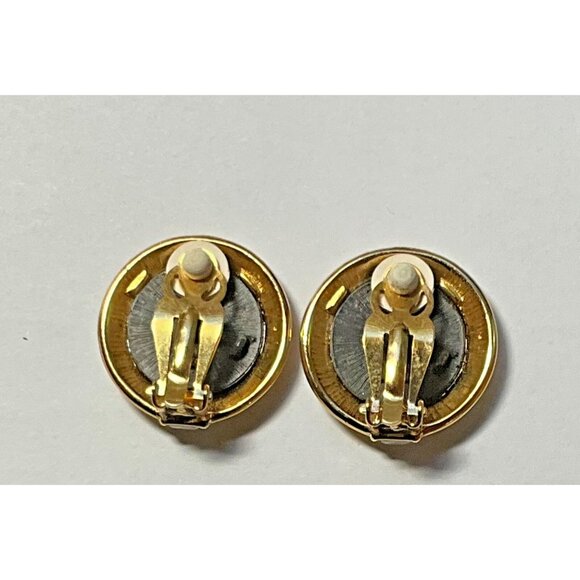 TAT Ancient Roman Clip On Earrings Greek Faux Coin Baguette Rhinestone Gold Tone - Picture 4 of 4